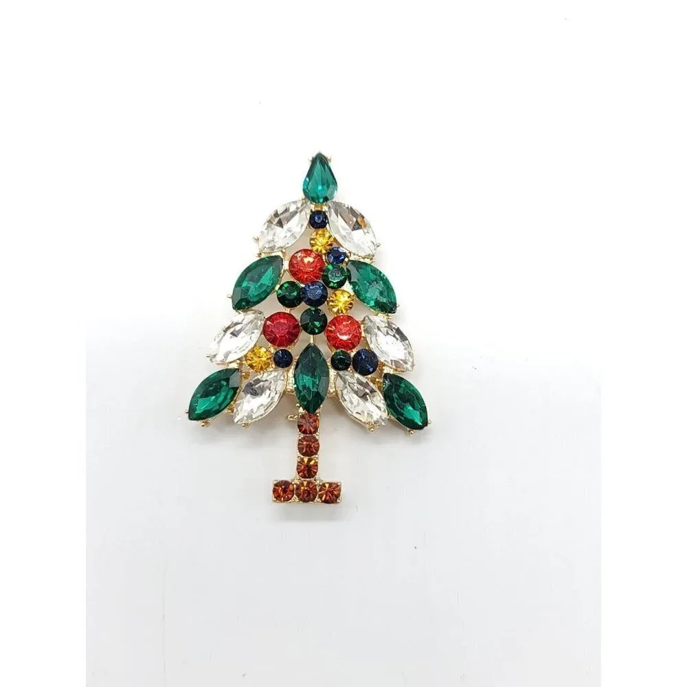 High Quality Signed Large Multi-Color Rhinestone Christmas Tree Brooch (C)